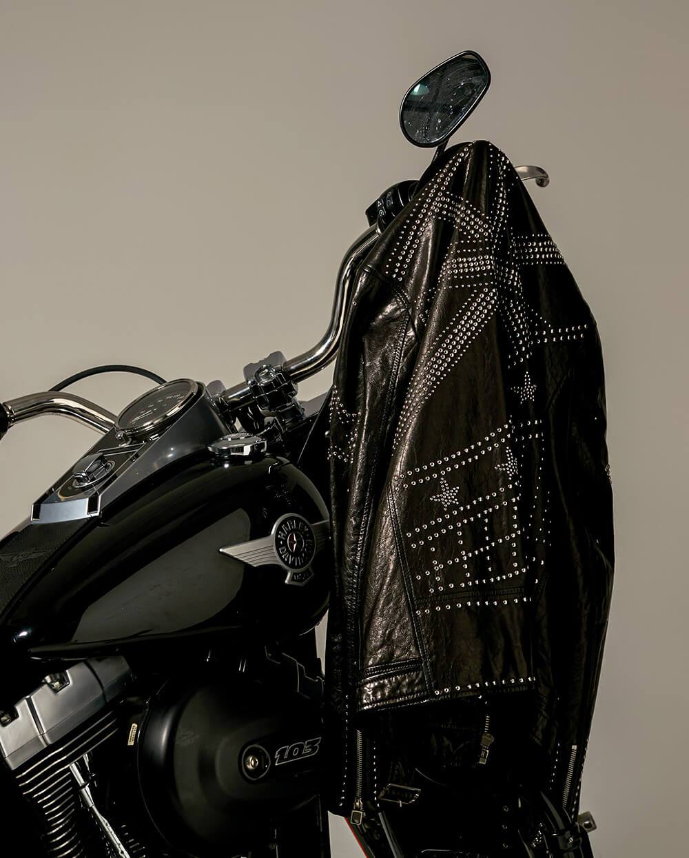 Rockstud Belted Moto Jacket with Unique Pattern