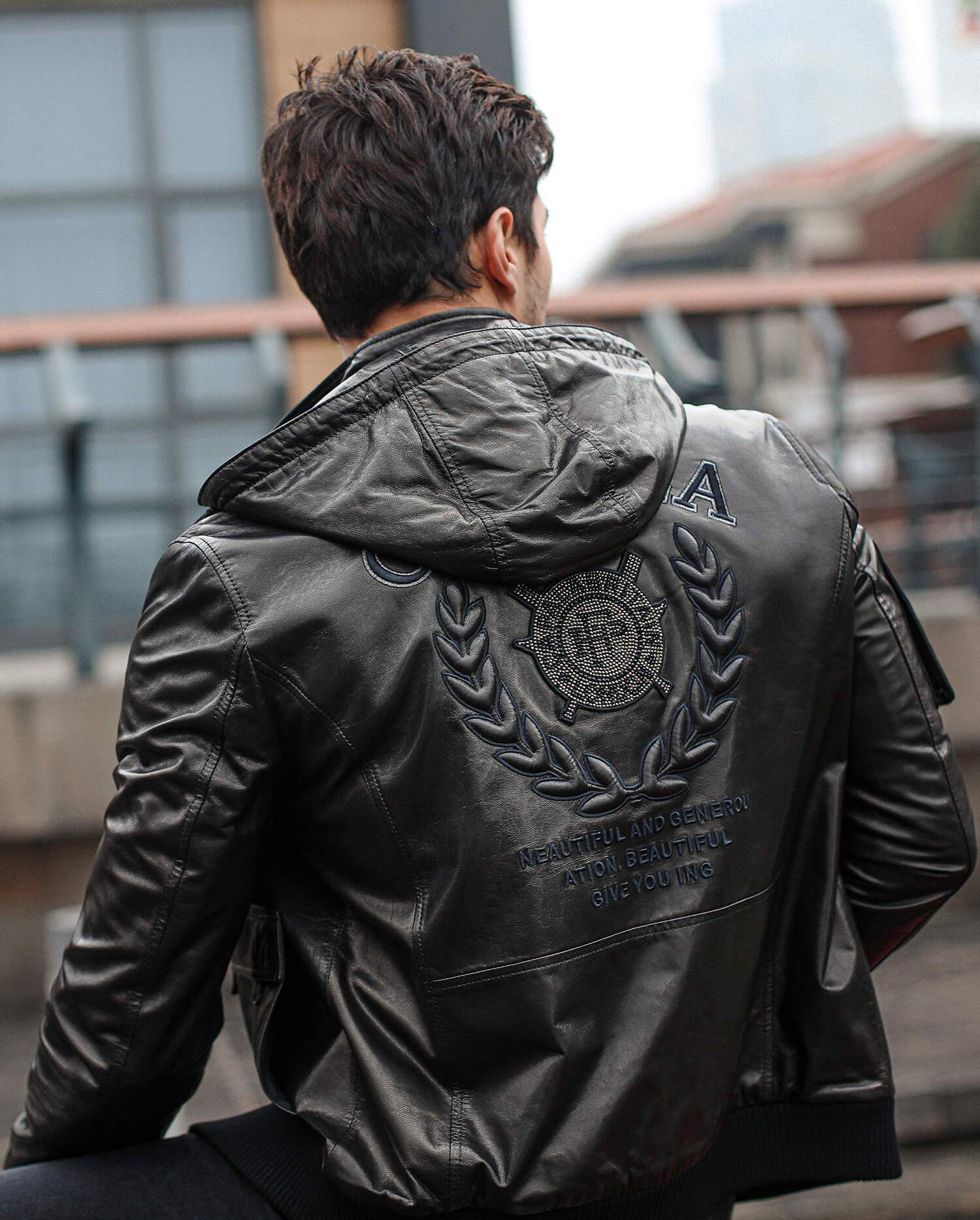 trendy hooded bomber leather jacket
